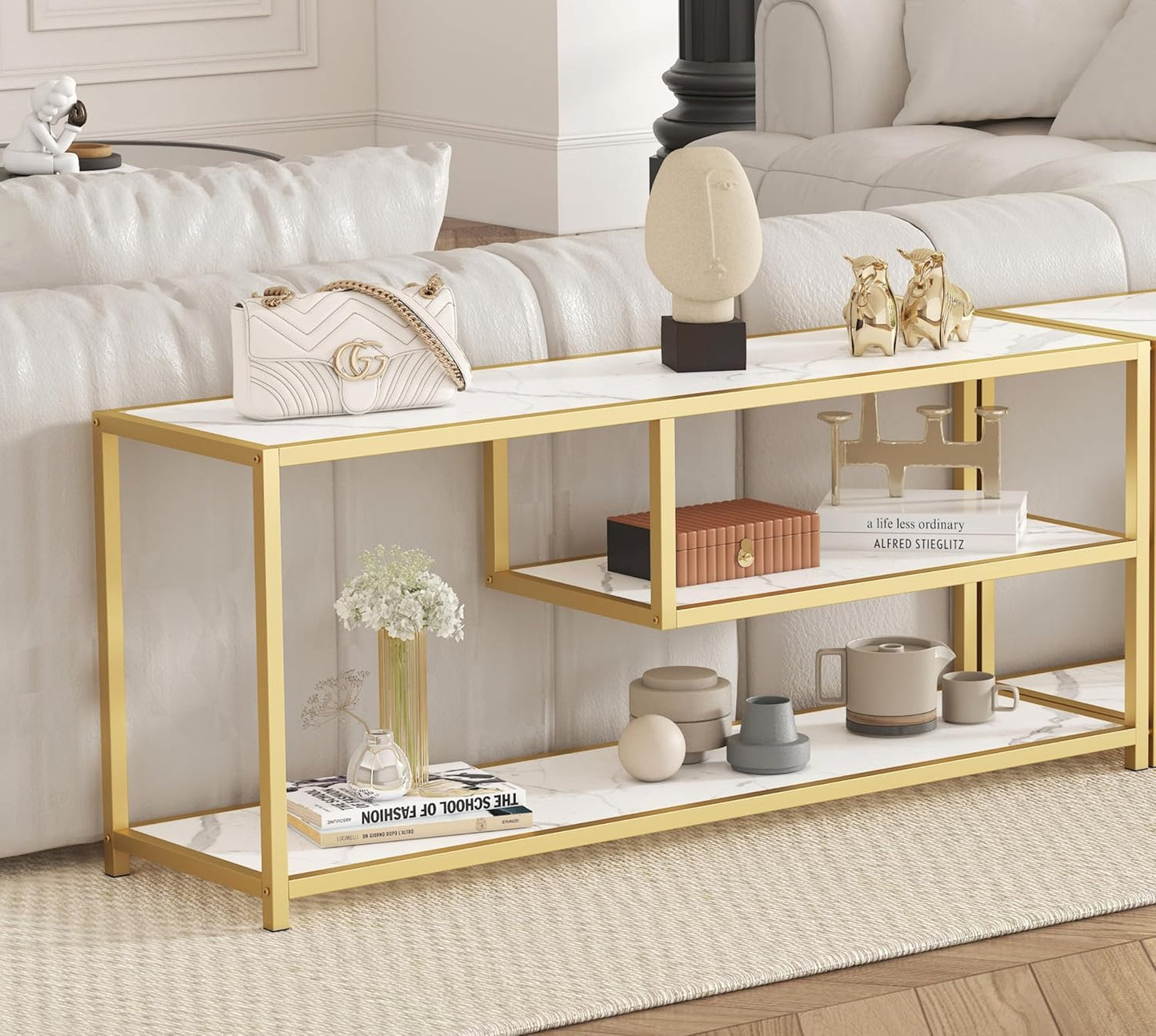 TV Stand for Tvs up to 55 Inch, 3 Tier Entertainment Center, Media Console with Open Storage Shelves for Living Room Bedroom, 47” Modern TV Table with Faux Marble Top Gold Metal Leg