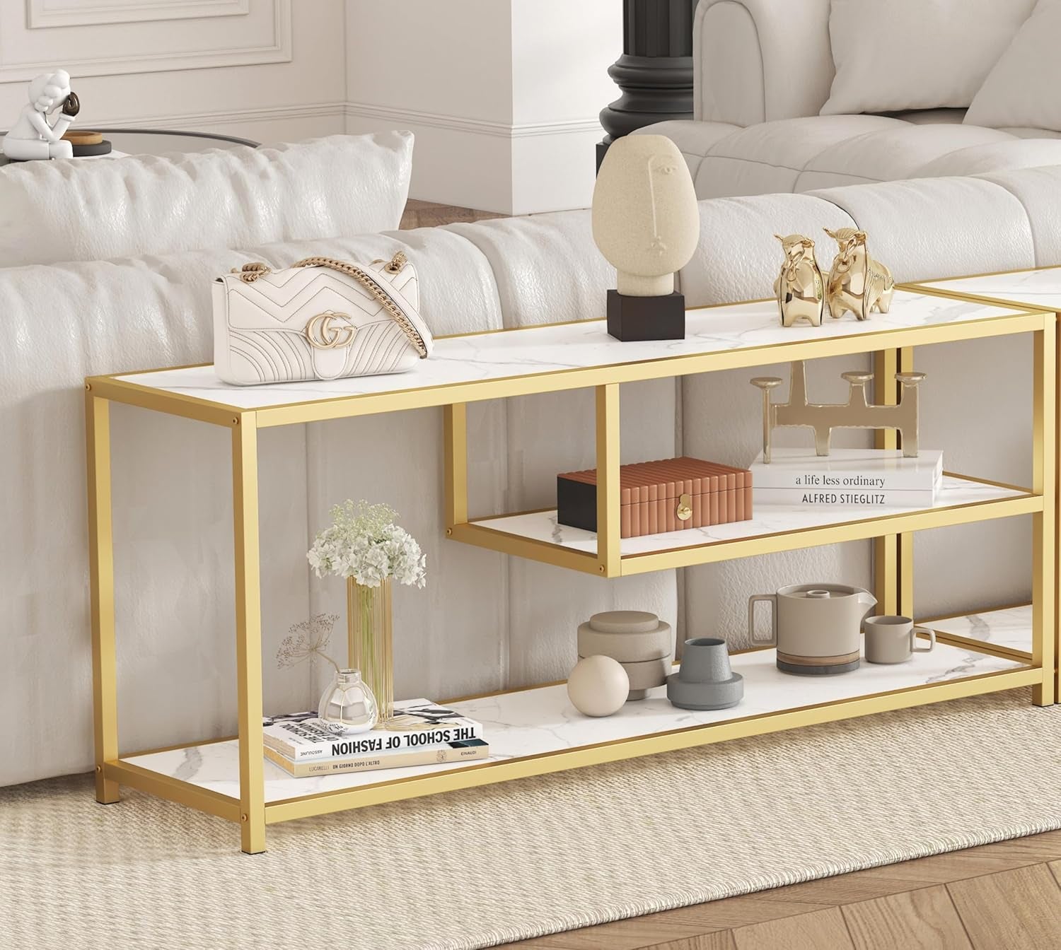 TV Stand for Tvs up to 55 Inch, 3 Tier Entertainment Center, Media Console with Open Storage Shelves for Living Room Bedroom, 47” Modern TV Table with Faux Marble Top Gold Metal Leg