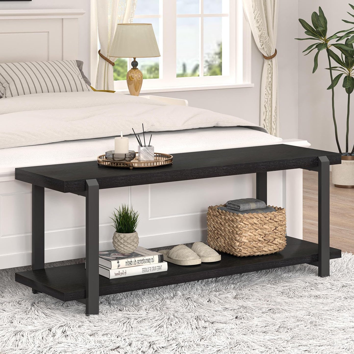 Entryway Bench, Modern Wood and Metal Storage Bench for Hallway, Industrial Indoor Shoe Rack Bench Seat for Living Room Bedroom, Black Oak 47 Inch Long