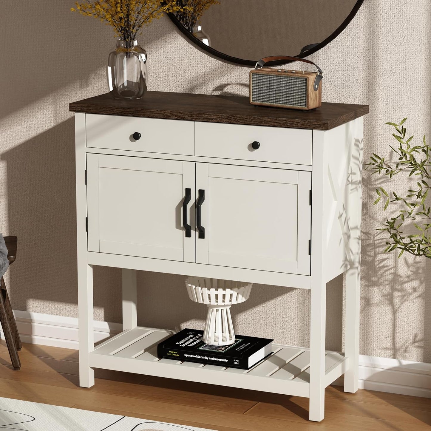 Farmhouse Console Table, Entryway Table with Storage Shelf, Coffee Bar Cabinet, Narrow Buffet Sideboard for Kitchen, Hallway, Living Room, White