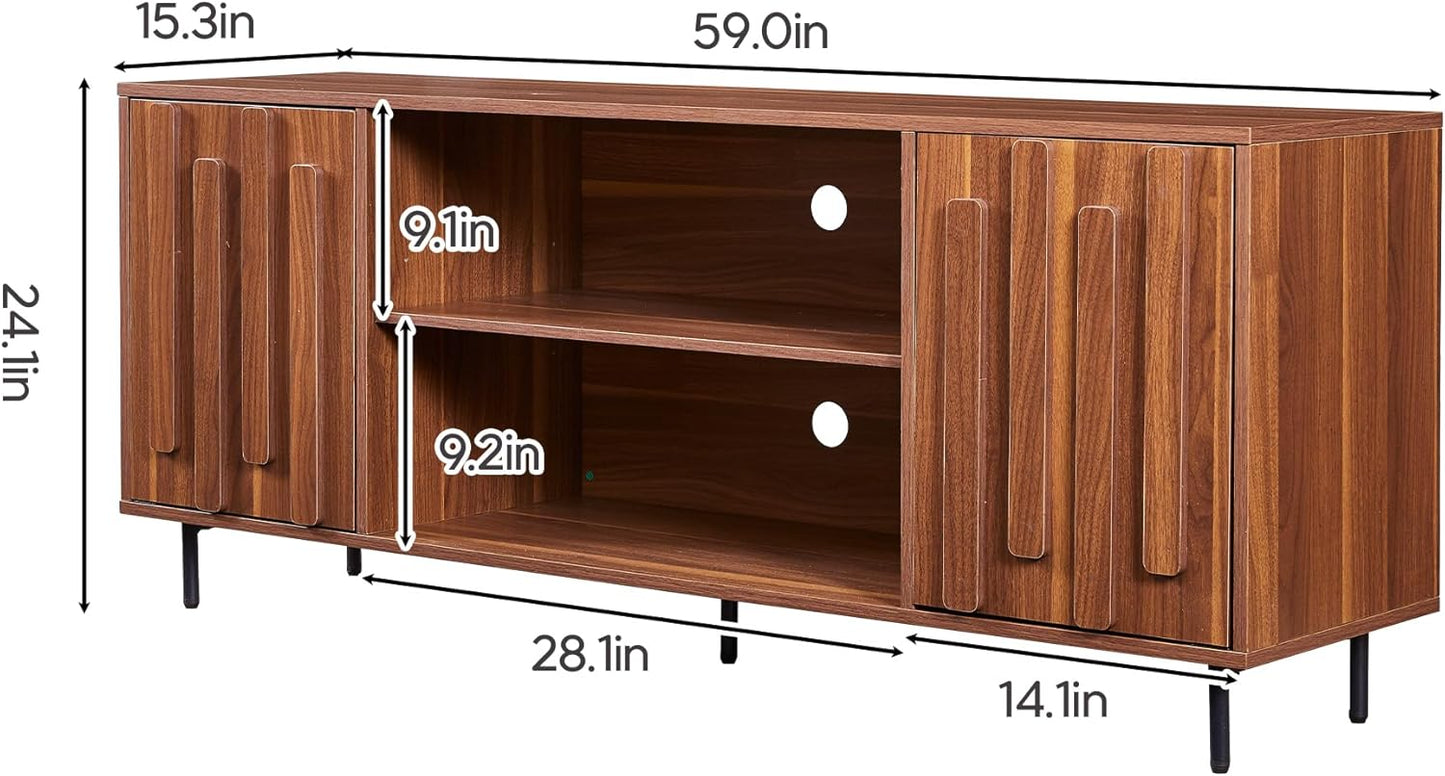 TV Stand for 65" 60" Tvs, Mid-Century Modern TV Stands for Living Room, Fluted Entertainment Center with Storage Cabinet & Open Shelf, Wood TV Console Media Cabinet, Walnut