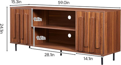 TV Stand for 65" 60" Tvs, Mid-Century Modern TV Stands for Living Room, Fluted Entertainment Center with Storage Cabinet & Open Shelf, Wood TV Console Media Cabinet, Walnut