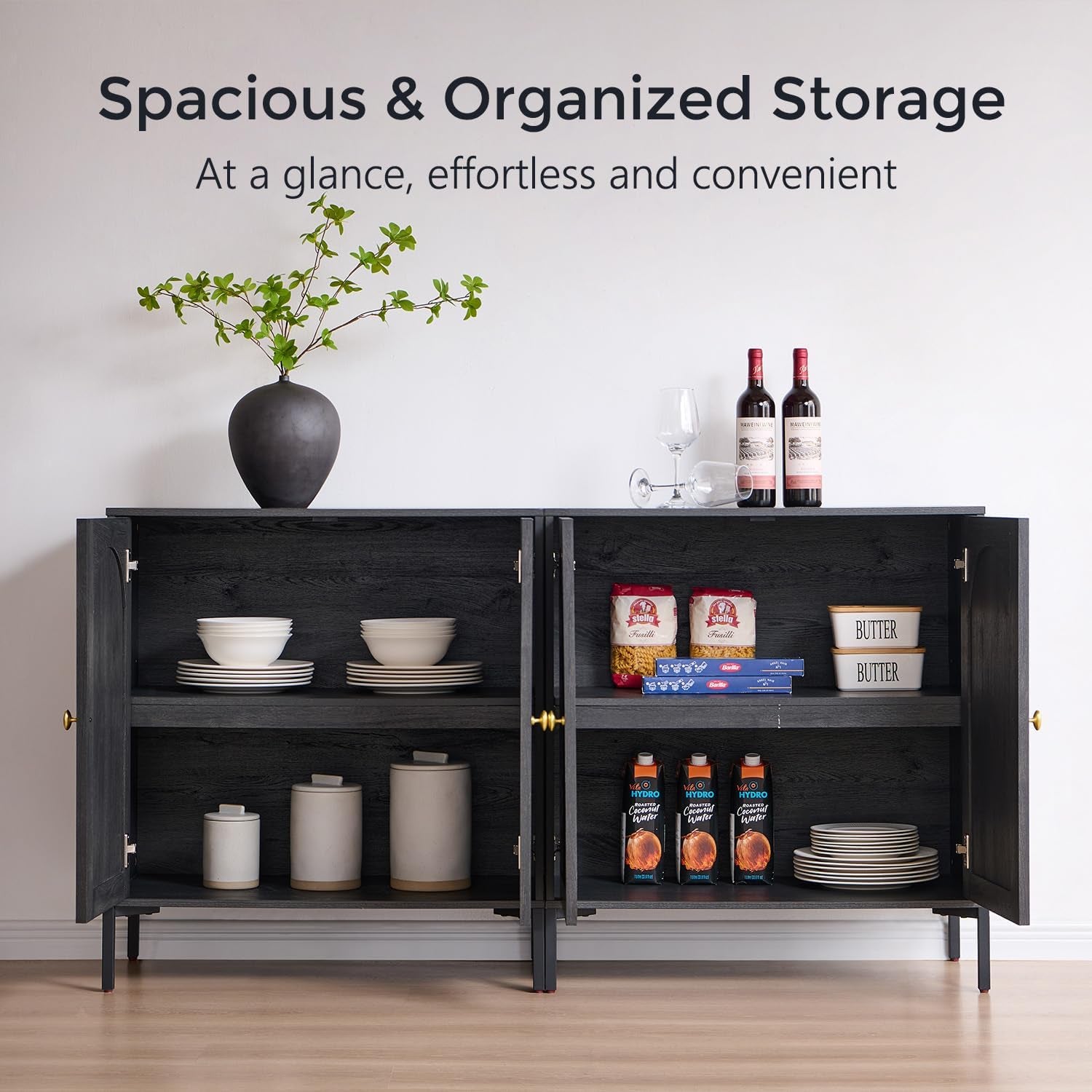 Modern Buffet Cabinet with Storage, 61.75" W Fluted Arched Sideboard Cabinet W/Adjustable Shelves, Wooden Modular Coffee Bar for Dining Room, Kitchen, Living Room, Entryway, Dark Grey