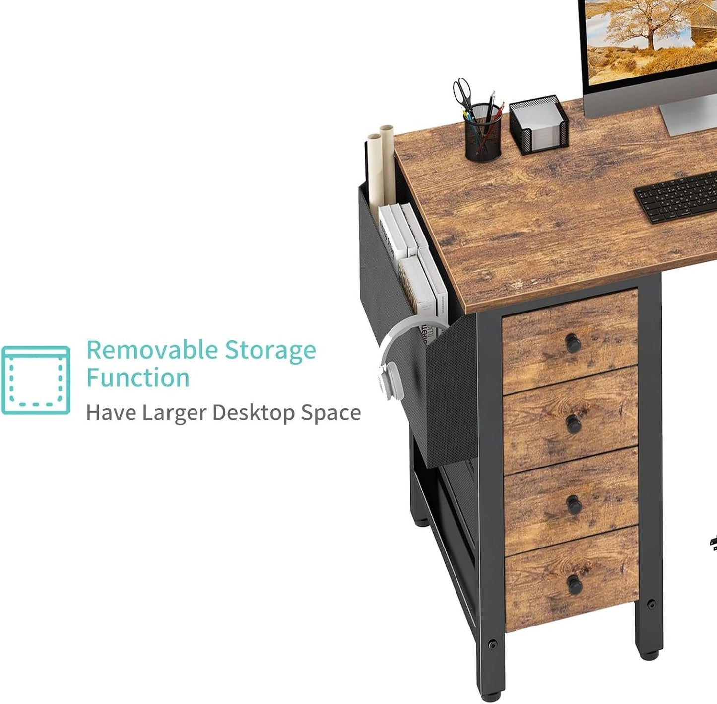 L Shaped Desk with Drawers & Storage Shelves, 47 Inch Small Reversible Corner Desk with Power Outlet for Home Office Bedroom, L-Shaped Gaming PC Computer Desks with Fabric Drawer, Rustic Brown