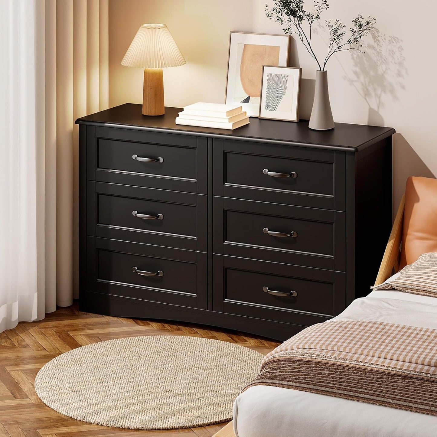 6 Drawer Dresser for Bedroom，47'' Larger Chest of Drawers with Mental Handle for Kids Room, Black Dresser with 6 Storage Drawers for Living Room, Entryway and Hallway, Black