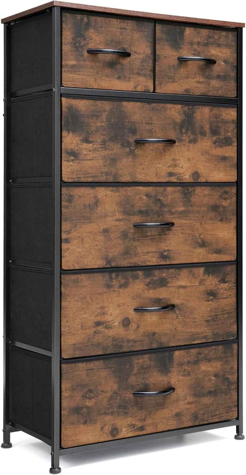 Fabric Dresser for Bedroom, Tall Skinny Dresser with 6 Drawers, Storage Organizer Tower, Steel Frame Wooden Top for Closet, Living Room, Hallway(Rustic Brown)