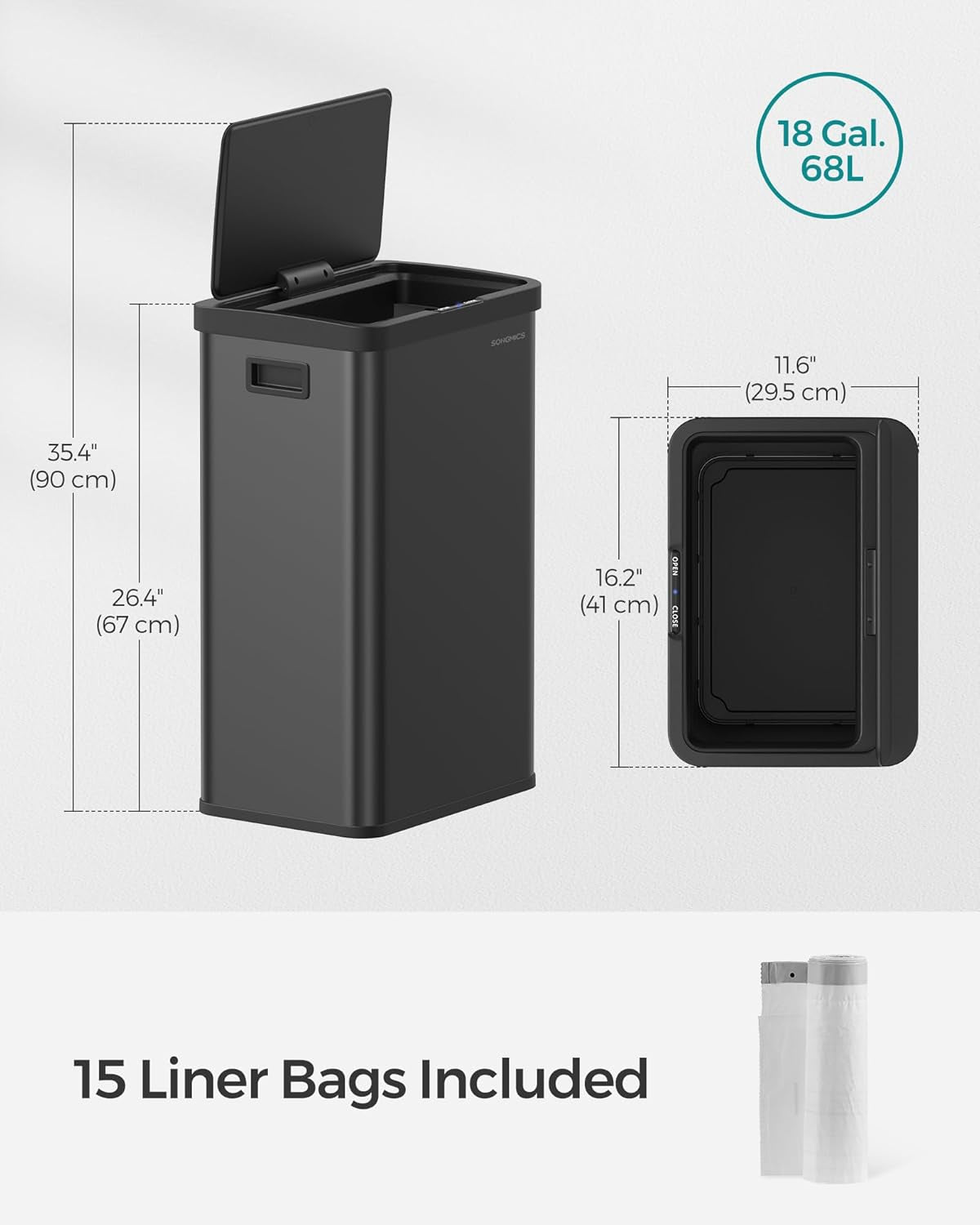 Motion Sensor Trash Can, 18-Gallon (68L) Automatic Kitchen Garbage Can with Stay-Open Lid, Soft Close, Stainless Steel, 15 Trash Bags Included, Ink Black ULTB630B68