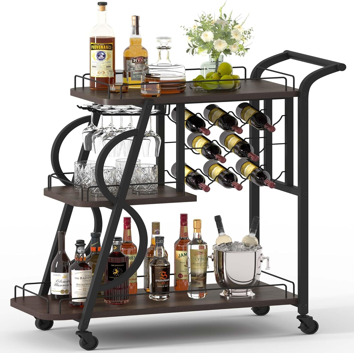 Rustic Bar Cart, 3 Tier Rolling Bar Carts for the Home, Industrial Home Serving Cart with Wine Glass Holder, Wood Metal Liquor Trolley, Mobile Beverage and Drink Carts (Walnut Brown)