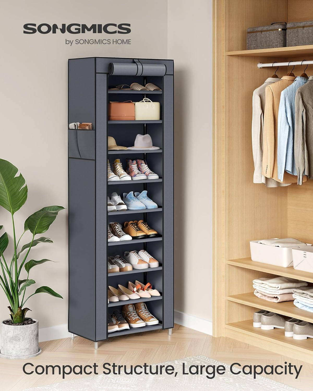 10-Tier Shoe Rack, Shoe Storage Cabinet with Dustproof Cover, Free-Standing Storage Organizer for Closet, Entryway, Hold 20 Pairs of Shoes, for Sneakers, High Heels, Gray URXJ034GN02