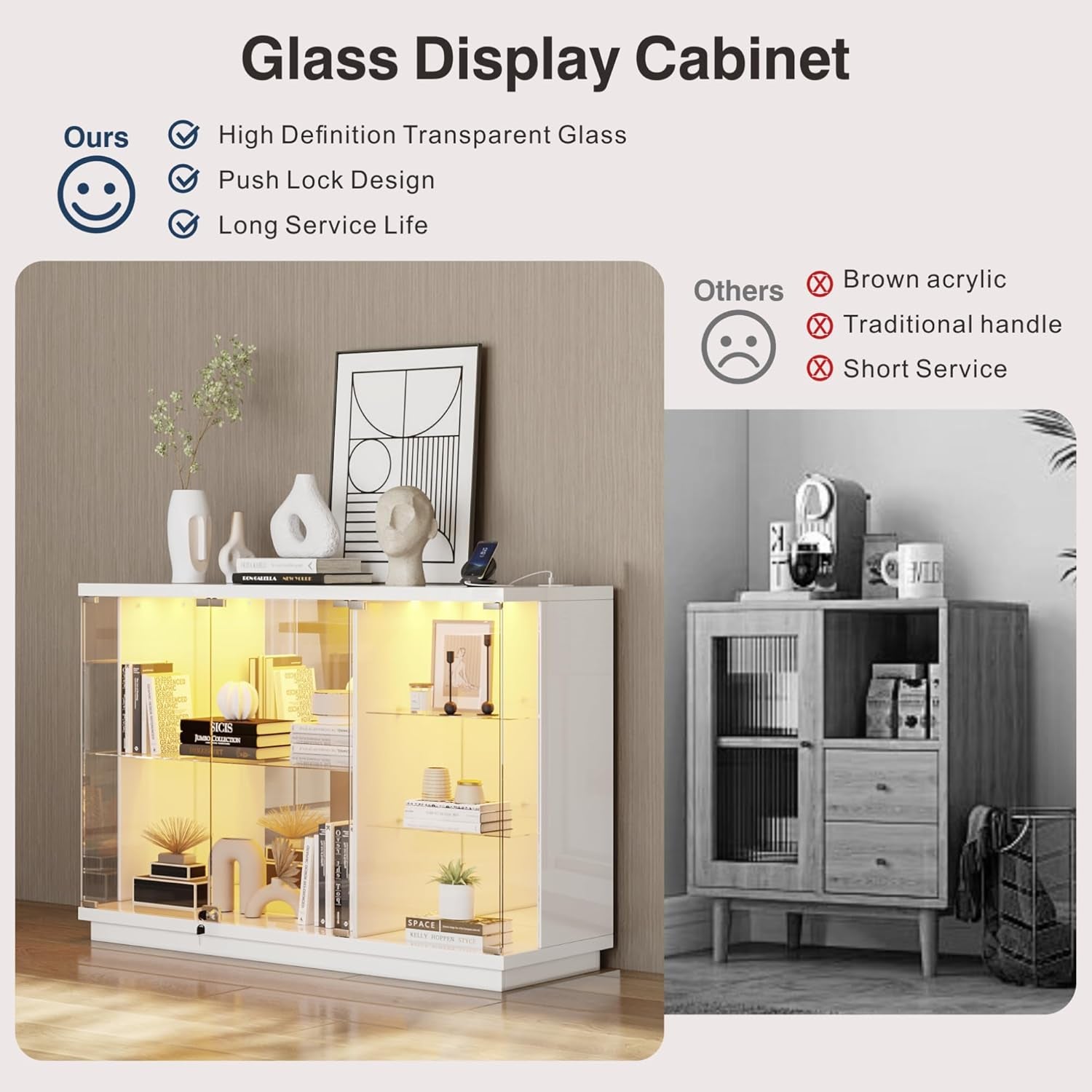 Glass Display Cabinet with Lock & LED Light, High Gloss Sideboard with Human Body Sensor & Glass Shelves for Toys, Books, Collectibles, Liquor, Bookcase for Living Room, Kitchen, Study, White