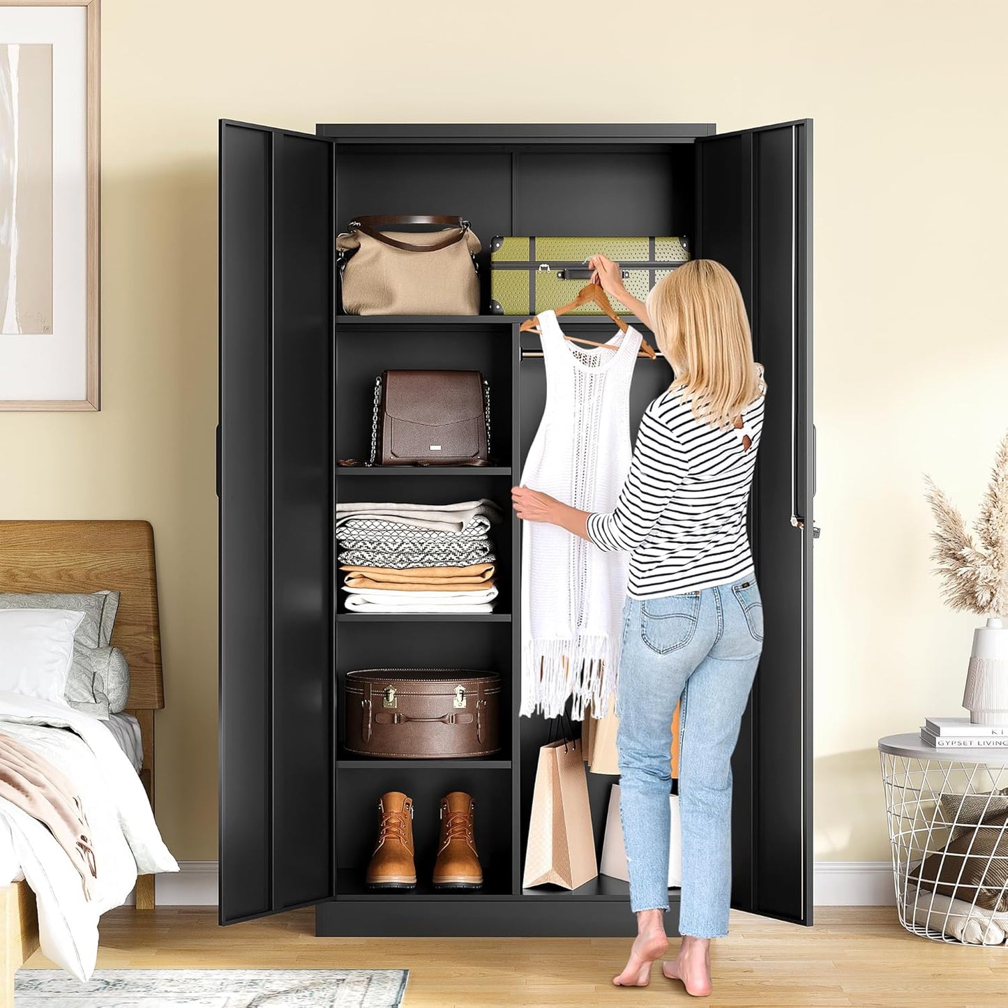 Metal Wardrobe Cabinet with Lock,72" Armoire Closet with Hanging Rod,Lockable Storage Locker,Black Storage Cabinet with Locking Doors,Garage Closet,Steel Wardrobe for Home,Bedroom,Office,Employee,Shop