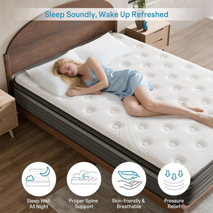 Queen Mattress 10 Inch, Hybrid Queen Mattress in a Box, Medium Firm Queen Size Bed Mattresses with Zoned Support, Memory Foam and Pocket Springs for Motion Isolation&Pressure Relief, Certipur-Us