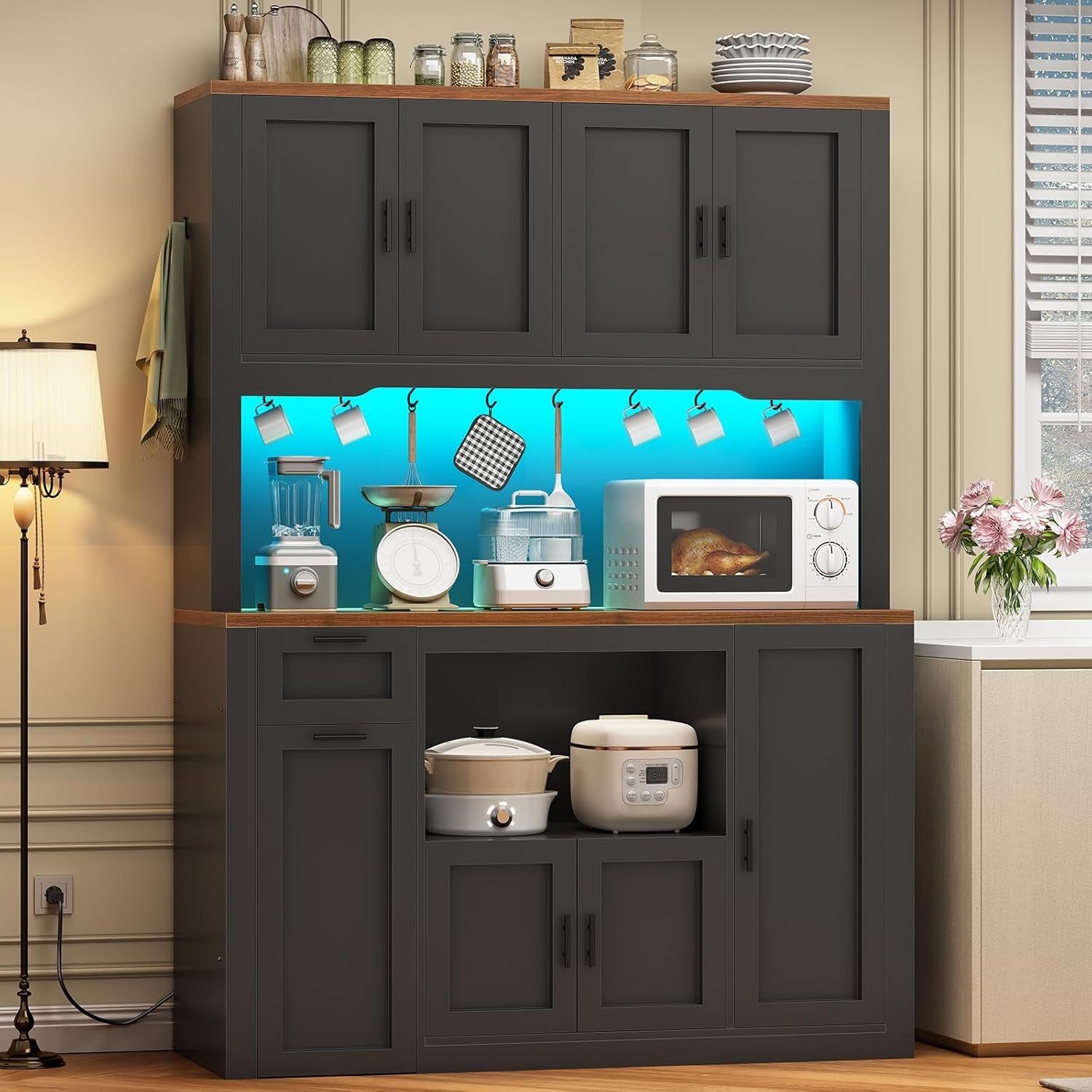 71" Pantry Cabinet with Charging Station and LED Light, Kitchen Pantry Cabinet with Microwave Stand, 47.2" Wide Kitchen Storage Cabinets with Storage Cart 3 Tier for Dining Room, Black