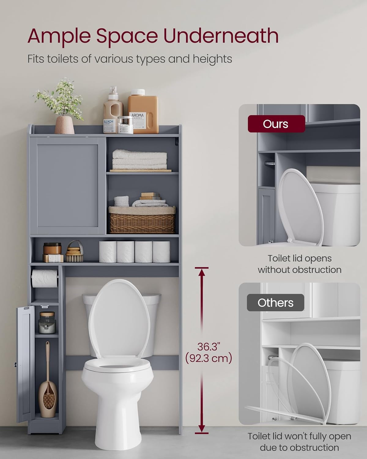 over the Toilet Storage Shelf, Bathroom Storage Cabinet with Sliding Door, Adjustable Shelves, Toilet Paper Holder, Space-Saving, Modern, 9.8 X 32.7 X 66.9 Inches, Dove Gray UBTS018G01