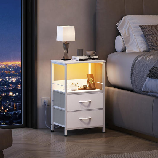 White Night Stand with Charging Station, LED Nightstand with 2 Fabric Drawers and Storage Shelf, Dorm Bedside Table End Table with 2 USB Ports and Outlets, Small Dresser for Bedroom