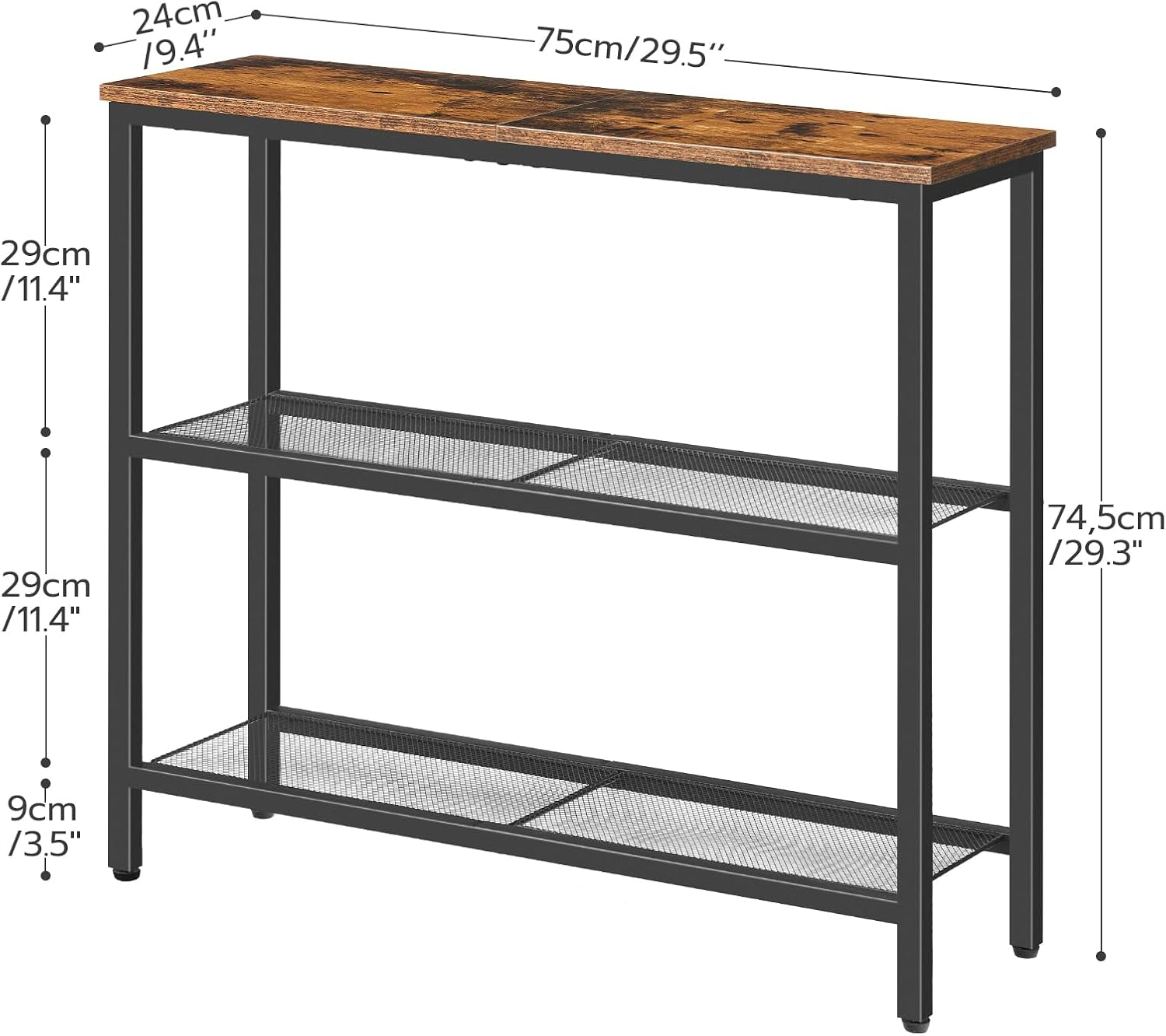 29.5" Narrow Console Table, 3-Tier Entryway Table, Thin Sofa Table with Shelves, Side Table, Display Table, for Hallway, Entrance, Living Room, Bedroom, Rustic Brown and Black BF73XG01