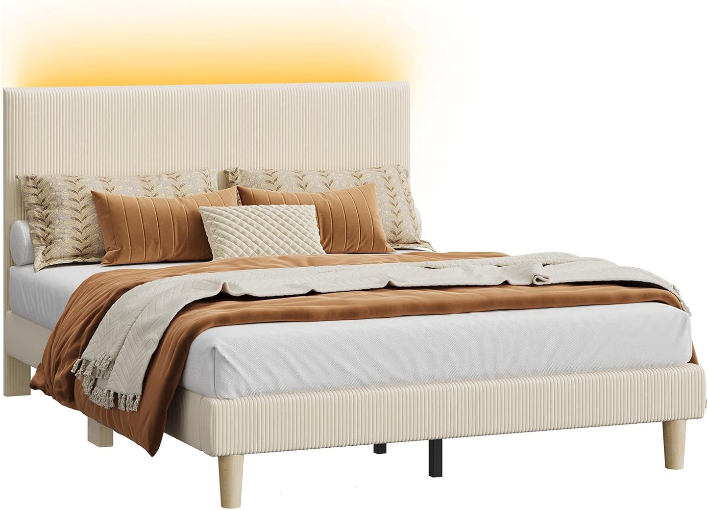 Queen Bed Frame with Adjustable Headboard, LED Lighting, Vertical Channel Tufted Corduroy Upholstered, Solid Wooden Slats Support, No Box Spring Needed, Never Squeaks, Easy Assembly, Beige