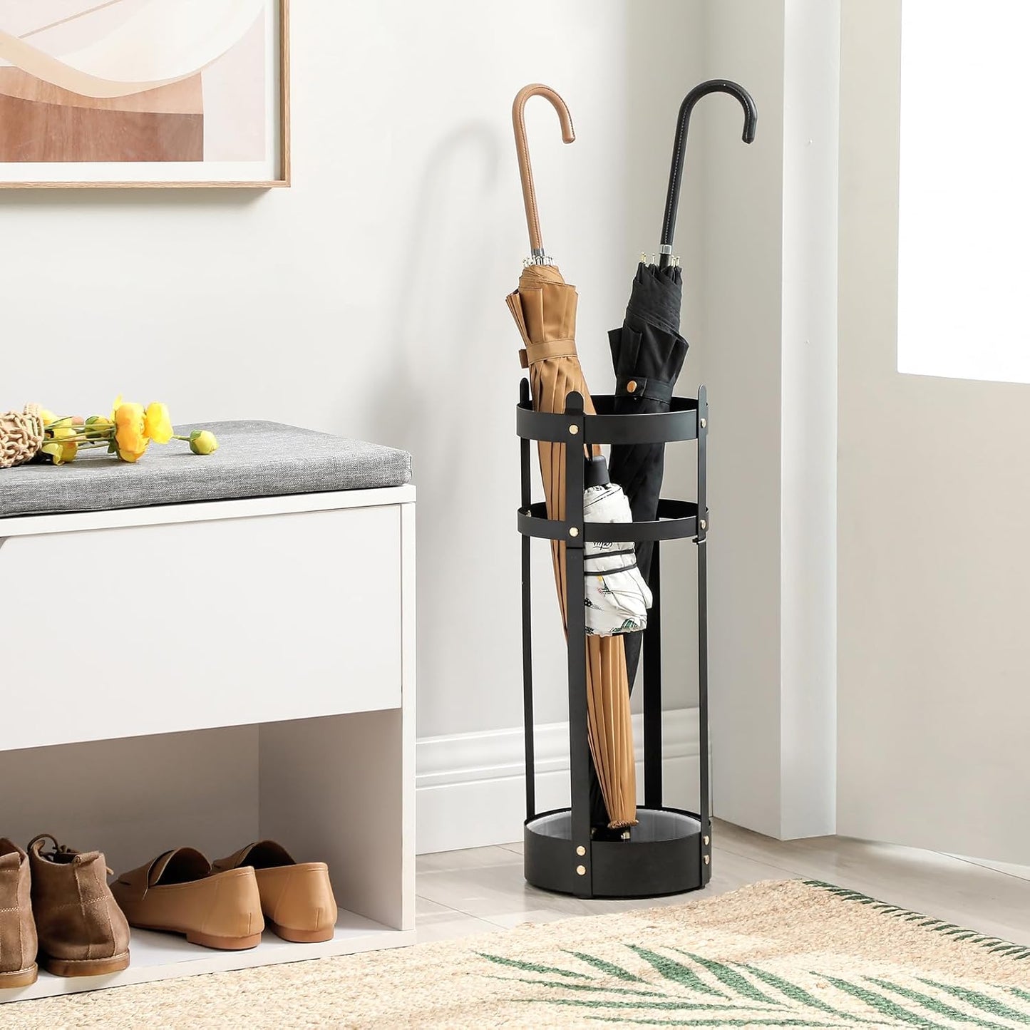 Umbrella Stand, Steel round Umbrella Holder Rack, 7.7 X 7.7 X 21.7 Inches, with Detachable Drip Tray, for Entryway, Office, Stable, Assembly Required, Matte Black ULUC28BK
