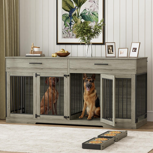 72" Dog Crate Furniture for 2 Dogs, Large Dog Kennel Furniture with 2 Storage Drawer and Removable Divider, Wooden Dog Cage with 4 Bowls, Indoor Dog House TV Stand for Medium Dog, Grey