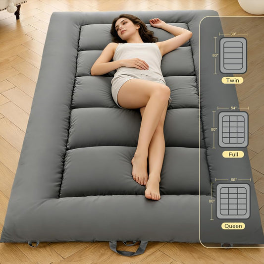 Japanese Floor Mattress, Foldable Futon Mattress Tatami Mat with Handle, Roll up Dormitory Sleeping Pad for Camping, Guestroom Bed, Twin Size, Grey