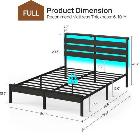 Full Size Bed Frame with USB Charging Station, LED Bed Frame with Wood Storage Headboard, Black Metal Platform Bed with under Bed Storage, No Box Spring Needed, Noise Free