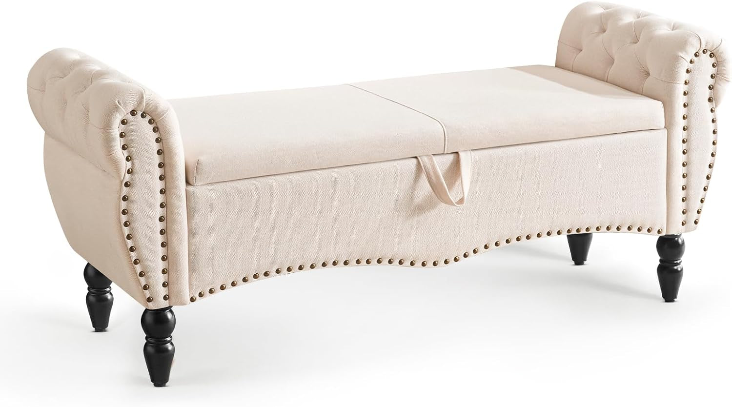 Storage Ottoman Bench for Bedroom, Upholstered End of Bed Bench with Solid Wood Legs Modern Shoe Storage Bench Indoor Bench for Living Room Entryway Bench Furniture,Beige, Linen