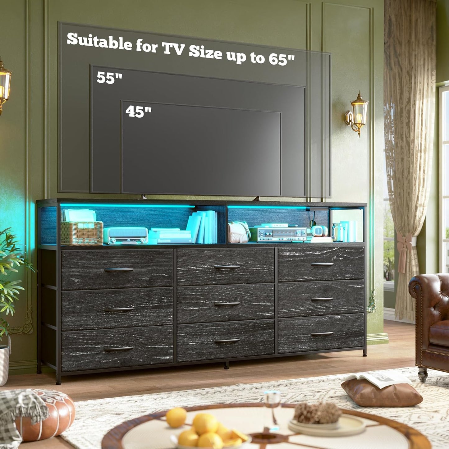 55" W Dresser for Bedroom with 9 Drawers, LED TV Stand with Power Outlets for 45, 55, 65 Inch TV, Sturdy Long Chest of Drawers with Extra 2 Wooden Shelves, Grain Black