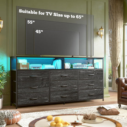 55" W White Dresser for Bedroom with 9 Drawers, LED TV Stand with Power Outlets for 45, 55, 65 Inch TV, Sturdy Long Chest of Drawers with Extra 2 Wooden Shelves, 55.1" W X 35.4" H X 11.8" D