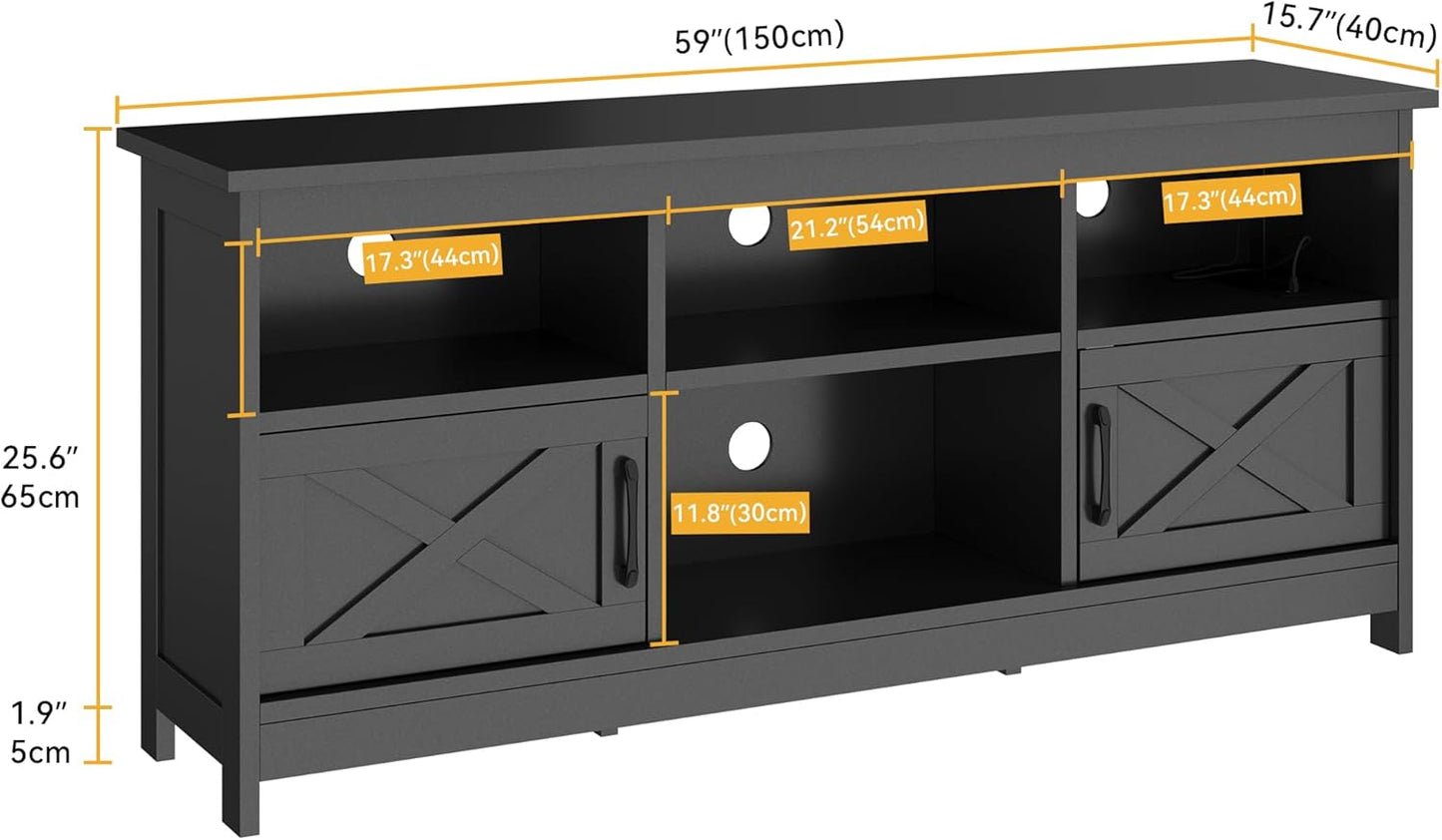 Farmhouse TV Stand for 65 Inch TV, Black Entertainment Center with LED Lights & Power Outlet, TV Media Console with Storage for Living Room, Black