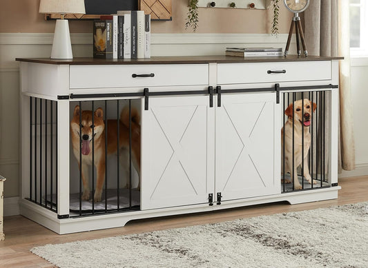 Dual Dog Kennel for 2 Medium Dogs, Wooden Furniture-Style Pet Crate with Removable Divider - 72.5 Inch W Indoor Dog Cage Doubles as TV Stand & Display Shelf (White)