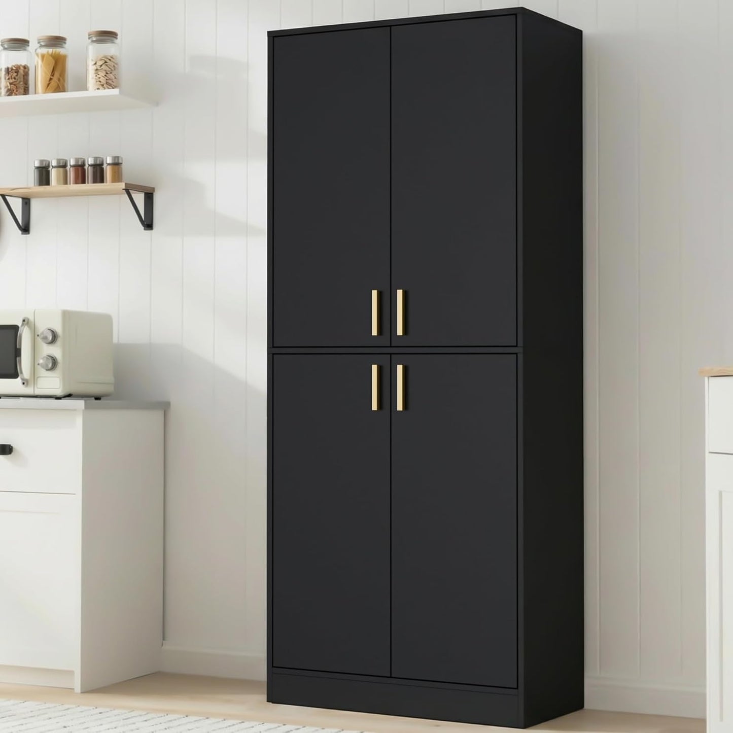 Kitchen Pantry Cabinet, 71" Tall Wood Storage Cabinet with Doors and Shelves 4 Doors Freestanding Cupboard for Dining Room Living Room Bathroom Furniture, Black | Wood Storage Cabinet, 4 Doors, Utility Hutch, for Dining Room