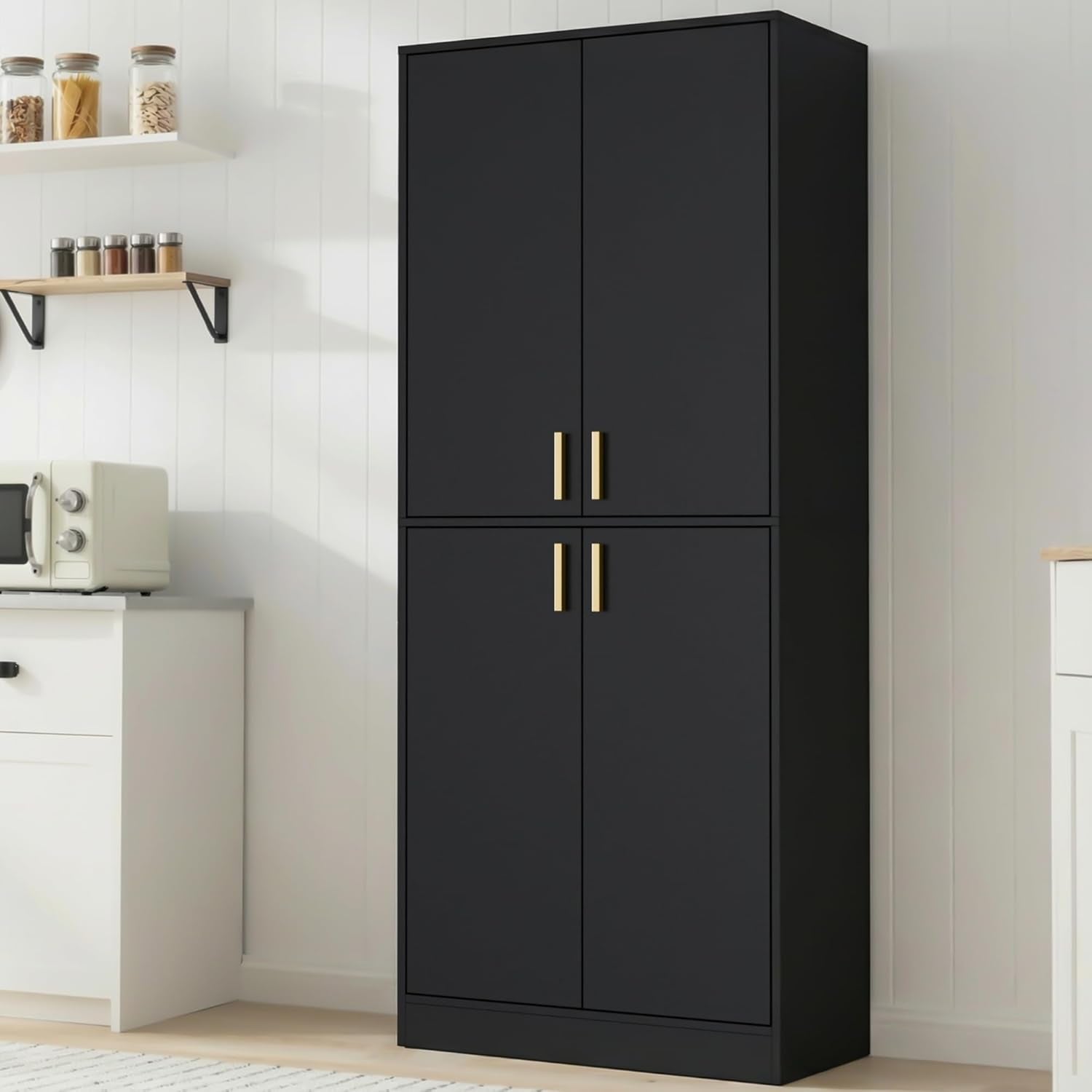 Kitchen Pantry Cabinet, 71" Tall Wood Storage Cabinet with Doors and Shelves 4 Doors Freestanding Cupboard for Dining Room Living Room Bathroom Furniture, Black | Wood Storage Cabinet, 4 Doors, Utility Hutch, for Dining Room