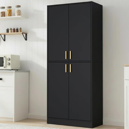 Kitchen Pantry Cabinet, 71" Tall Wood Storage Cabinet with Doors and Shelves 4 Doors Freestanding Cupboard for Dining Room Living Room Bathroom Furniture, Black | Wood Storage Cabinet, 4 Doors, Utility Hutch, for Dining Room