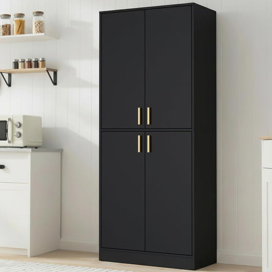Kitchen Pantry Cabinet, 71" Tall Wood Storage Cabinet with Doors and Shelves 4 Doors Freestanding Cupboard for Dining Room Living Room Bathroom Furniture, Black | Wood Storage Cabinet, 4 Doors, Utility Hutch, for Dining Room