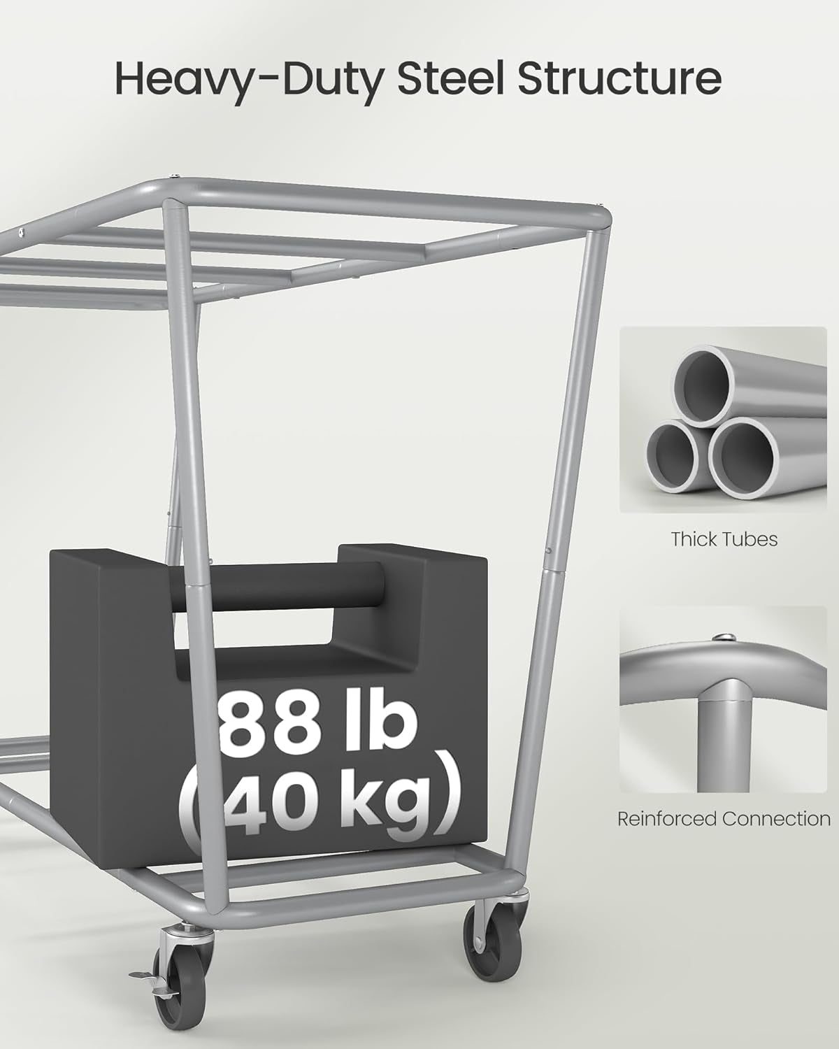 Laundry Basket with Wheels, 76.6 Gallons (290 L), 3-Section Rolling Laundry Hamper with Removable Bags, Heavy-Duty Steel Frame with Handle, Cream White, Dark Gray and Ink Black URLS010X01