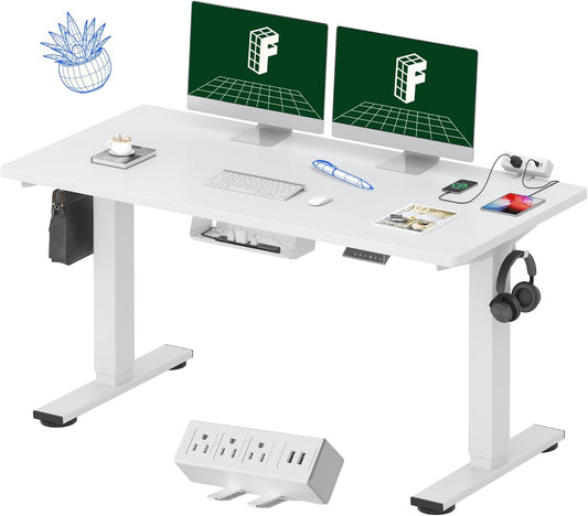 EN2 Whole-Piece Standing Desk with Clamp Power Strip, 60 X 24 Electric Stand up Height Adjustable Desk with Cable Management (White Frame + 60" Gray Wood Grain Desktop, 2 Packages)