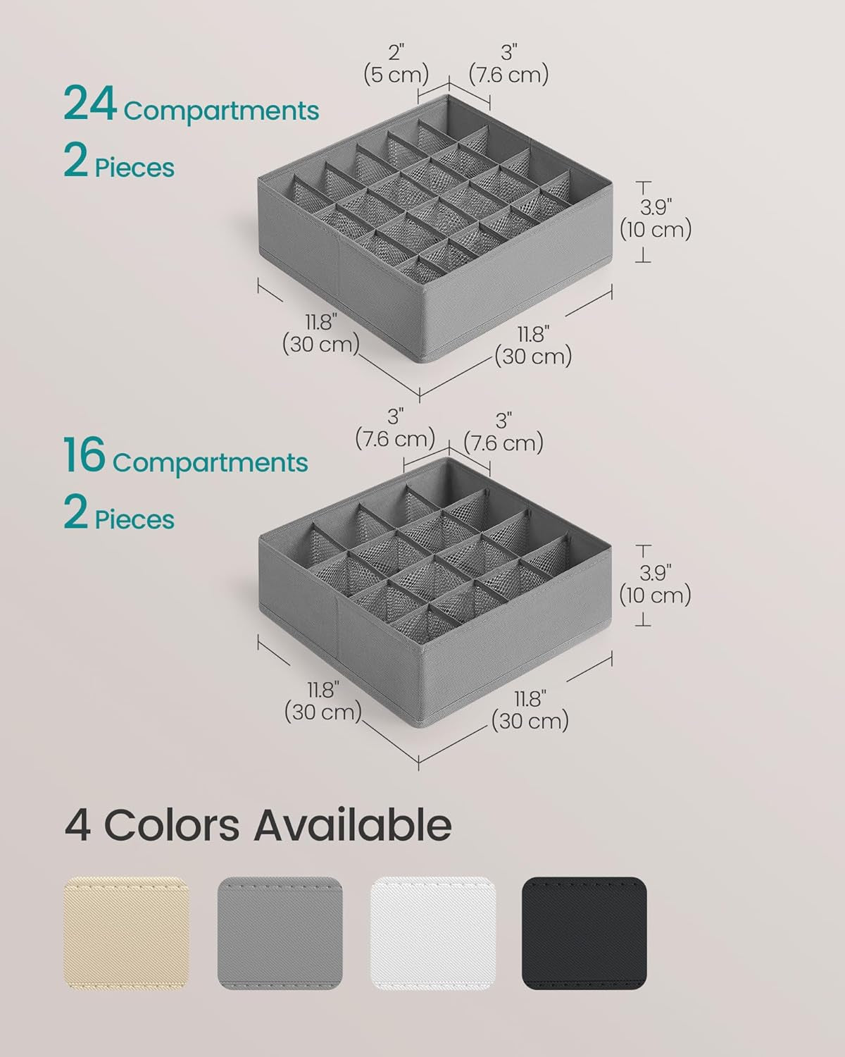 Set of 4 Drawer Organizers, Closet Organizers for Underwear, 80 Cells, Foldable Sock Holders, 11.8 X 11.8 X 3.9 Inches, for Storing Socks, Ties, Belts, Dove Gray URUS011G01