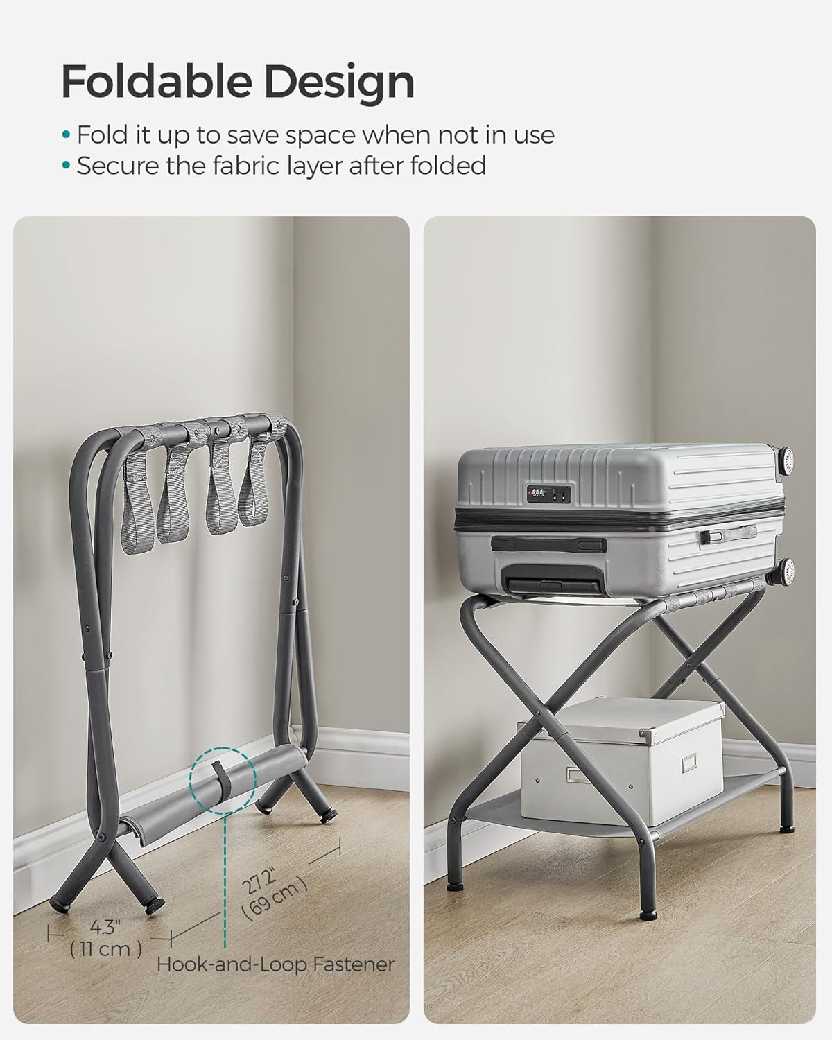 Luggage Racks, Set of 2, Suitcase Stand with Fabric Storage Shelf, for Guest Room, Bedroom, Hotel, Foldable, Holds up to 110 Lb, 27.2 X 15 X 20.5 Inches, Slate Gray URLR002G02