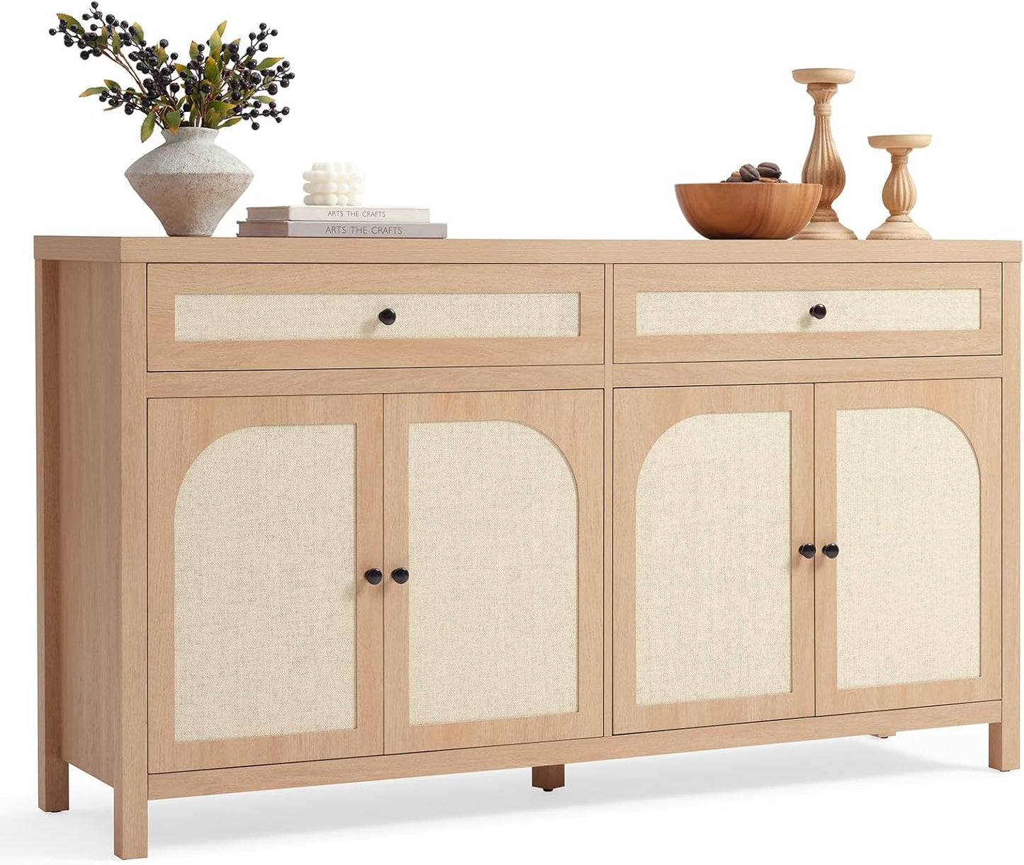 60'' Large Sideboard Buffet Cabinet with Storage, Rattan Accent Cabinet with Doors Drawers and Adjustable Shelves, Farmhouse Credenza Wood Coffee Bar Cabinets for Living Room Kitchen Entryway, Natural