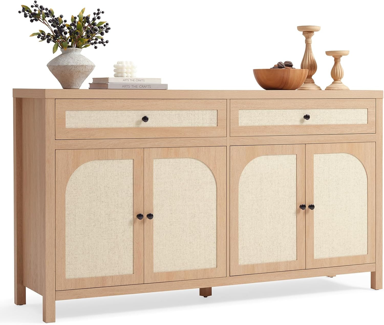 60'' Large Sideboard Buffet Cabinet with Storage, Rattan Accent Cabinet with Doors Drawers and Adjustable Shelves, Farmhouse Credenza Wood Coffee Bar Cabinets for Living Room Kitchen Entryway, Natural