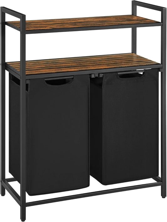 Laundry Hamper, Laundry Basket, Laundry Sorter with 2 Pull-Out and Removable Bags, 2 Shelves, 12.1 Gal (46L) Capacity per Bag, for Laundry Room, Rustic Brown and Black UBLH211B01