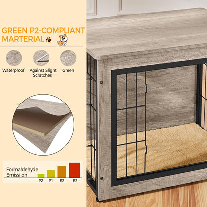 38'' Dog Crate Furniture with Cushion Wooden Dog Crate with Double Doors/Adjustable Feet Side End Table for Medium/Large Dogs, 37.80" L X 25.59" W X 26.57" H