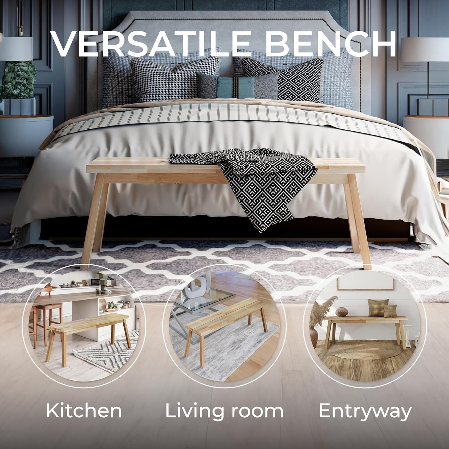 Bench 100% Solid Acacia Wood, Backless, Wax Galvanized Finish, Easy Assembly, End Table Wooden Bench Furniture for Plant, Dining Room, Entryway, Indoor (47 Inches)