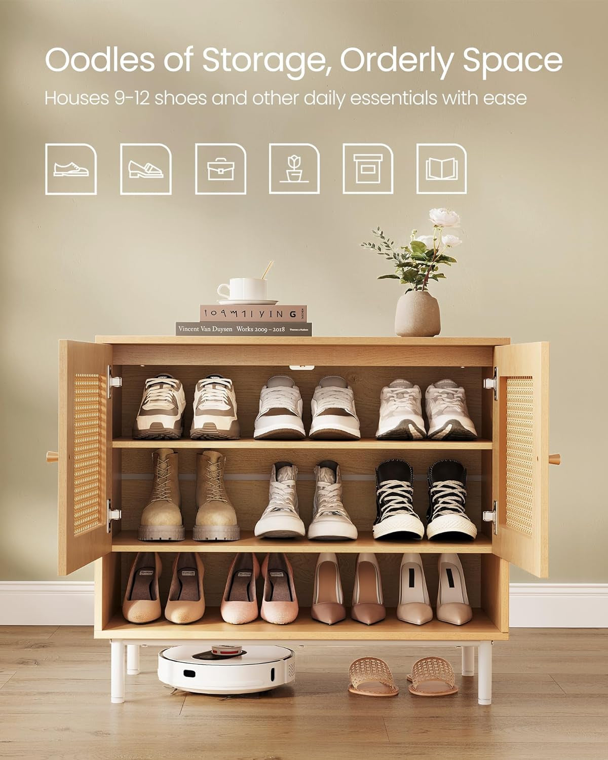 Natural Rattan 3-Tier Shoe Cabinet, 16 Pair Shoe Storage Cabinet, Boho Style Shoe Organizer with Height-Adjustable Shelves and Steel Legs, for Entryway, Closet, Hallway, Oak Beige ULBC049N01