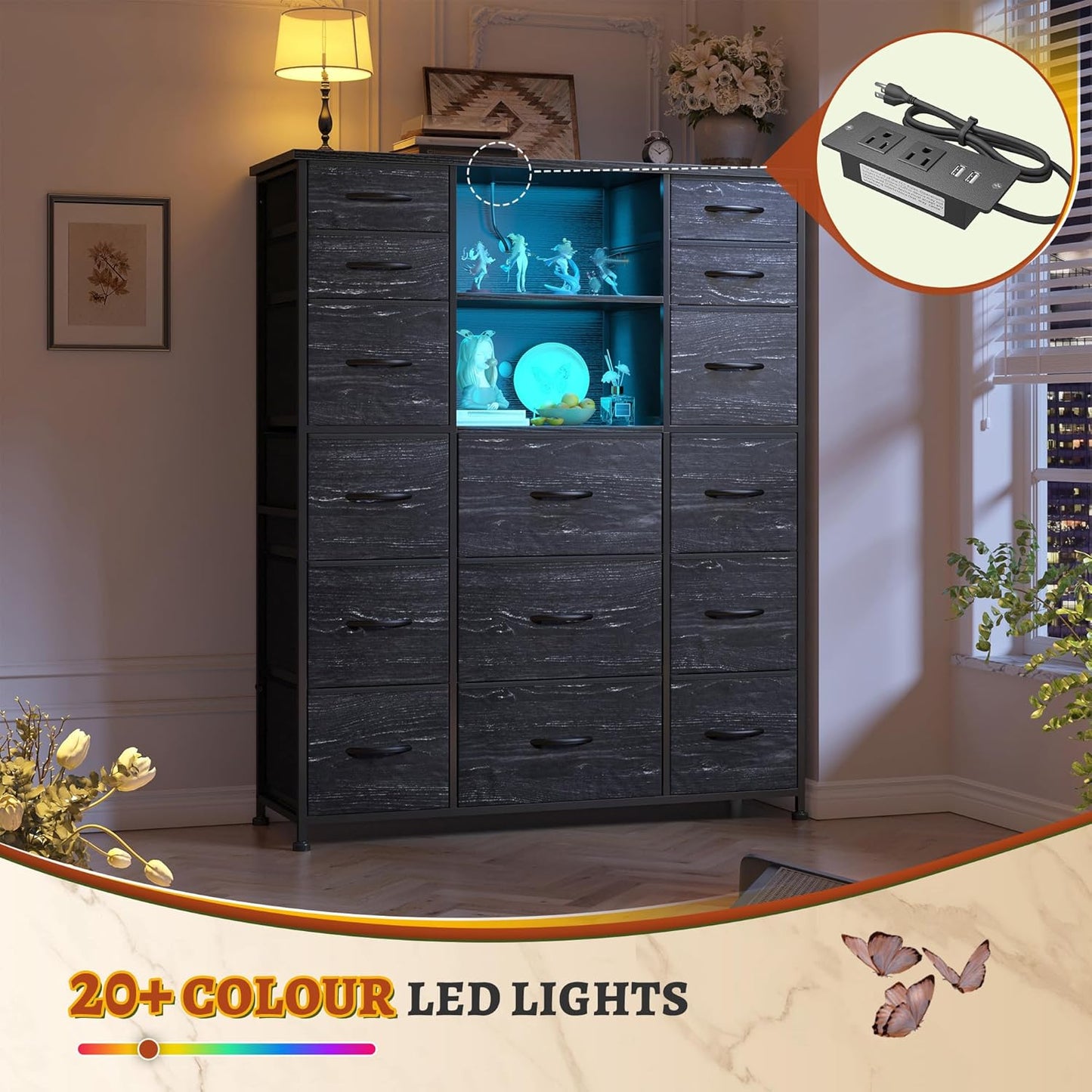 51" H Dresser with 15 Drawers Dresser for Bedroom with Charging Station & LED Lights & Hutch Sturdy Black Bedroom Dressers, Steel Frame, Wood Top, 51.2" H X 39.3" W X 11.8" D