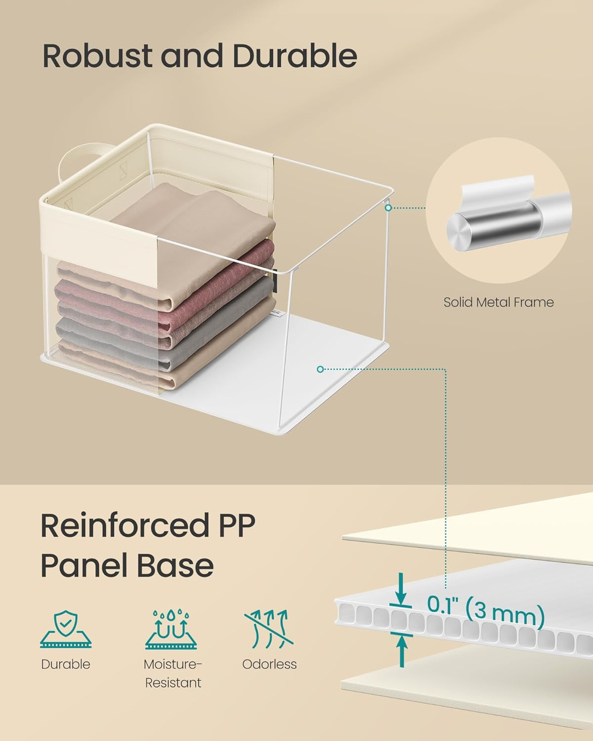 Closetorganizers Set of 3, Medium Fabric Storage Baskets, Foldable Organizer with Transparent Nylon Mesh, 15.7 X 11.8 X 9.8 Inches, Handles, for Bedroom, Living Room, Cream White URFB940W01