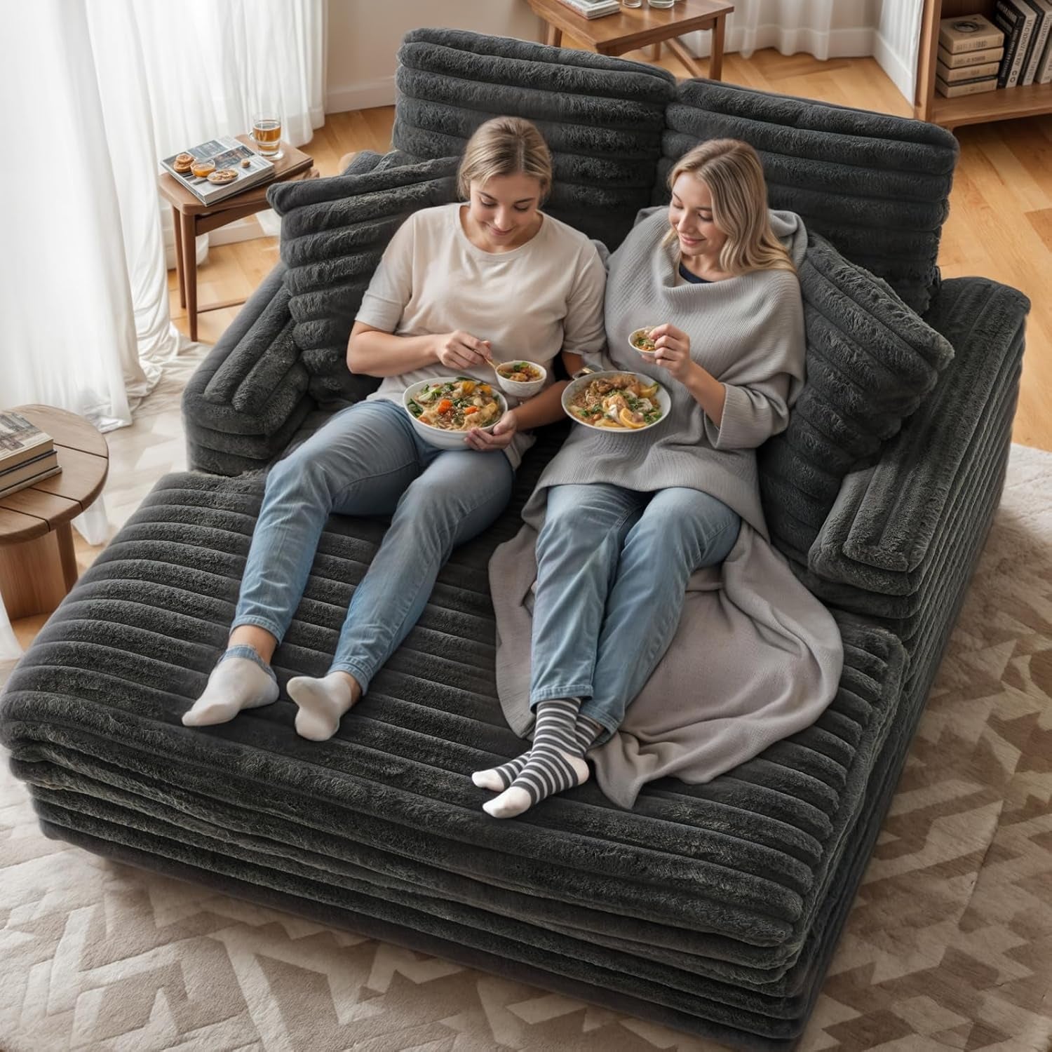 58" Oversized Chaise Lounge Chair, Fluffy Cozy Sleep Couch with 4 Striped Faux Fur Throw Pillow, Modern ‌Full Size Sofa Bed Couch for Living Room, Bedroom, Playroom, Dark Grey