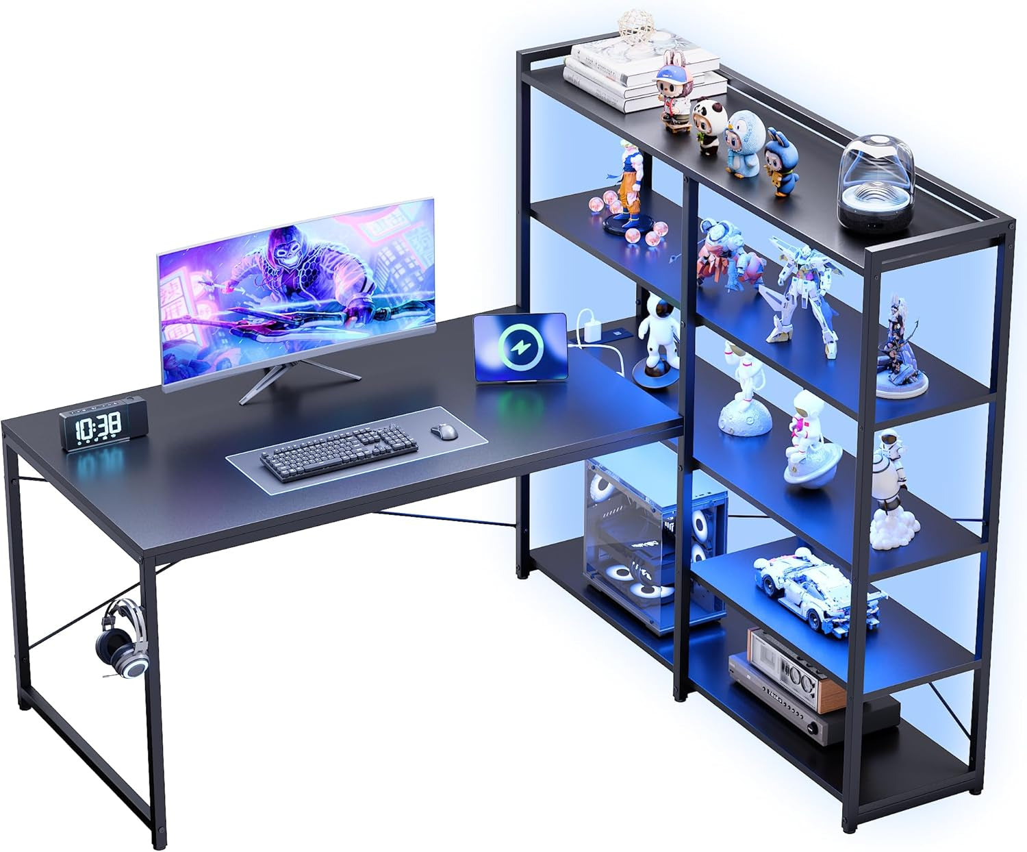 L Shaped Computer Desk with Reversible Side Storage Shelves, 49 Inch Gaming Desk with Power Outlets and Led Lights, PC Table for Home Office and Bedroom Black