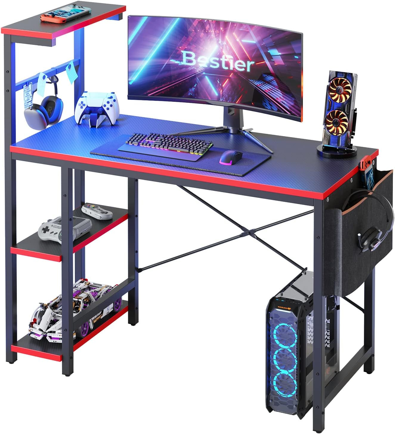 Gaming Desk with LED Lights, 44 Inch PC Gamer Desk for Small Spaces, Computer Desk with Reversible Storage Shelves & Side Storage Bag (Black 3D Carbon Fiber)