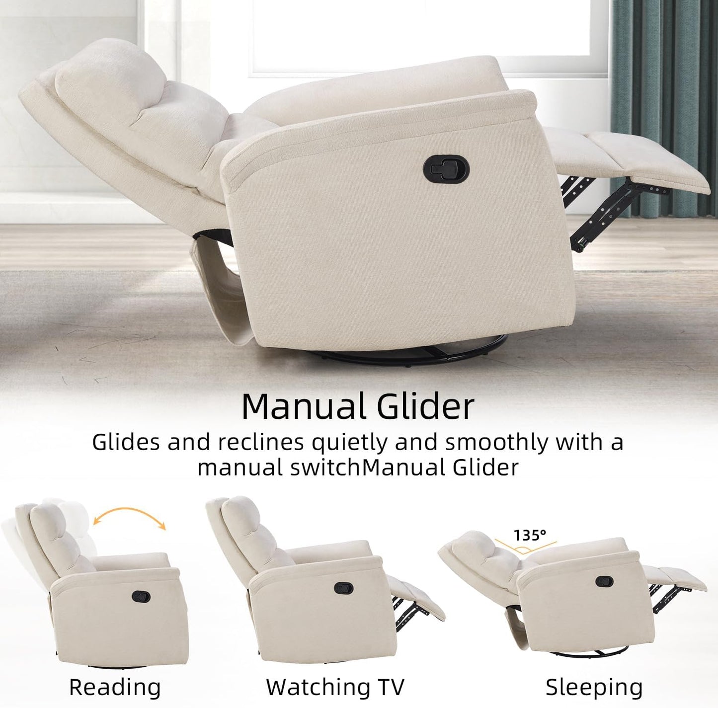 Swivel Rocker Recliner, Nursery Glider Chair, Manual Chairs Swivel Glider Recliners with Soft Backrest, Fabric Manual Reclining Sofa for Living Room Bedroom Apartment, Beige